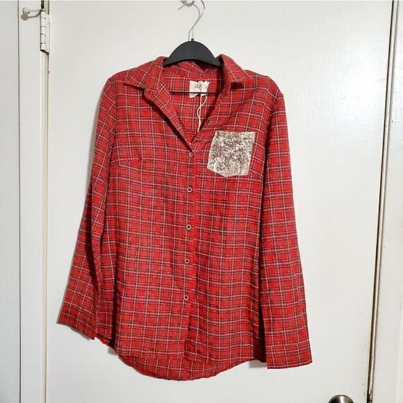 Grace & Emma NWT Plaid & Sequence Shirt Size Small - Picture 2 of 10